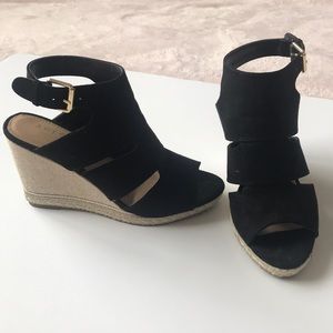 Black velvet platform wedge heels